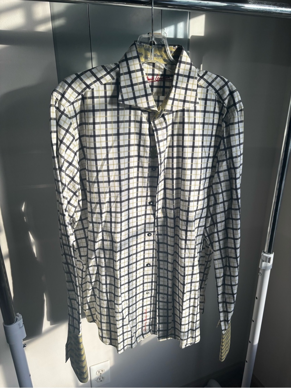 Robert Graham White Shirt with Black and Yellow Windowpane Plaid Mens Large